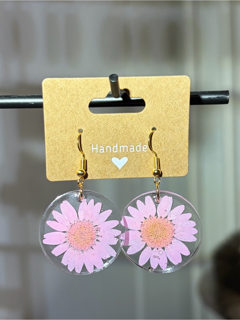 Handmade Pink Daisy Resin Drop Earrings